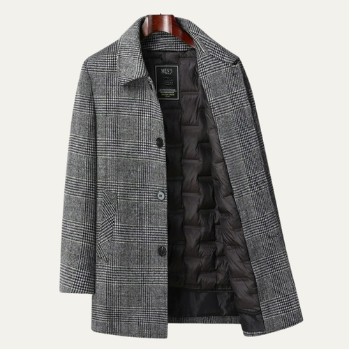 Men's wool-blend overcoat in dark gray plaid with snap front and quilted dark lining
