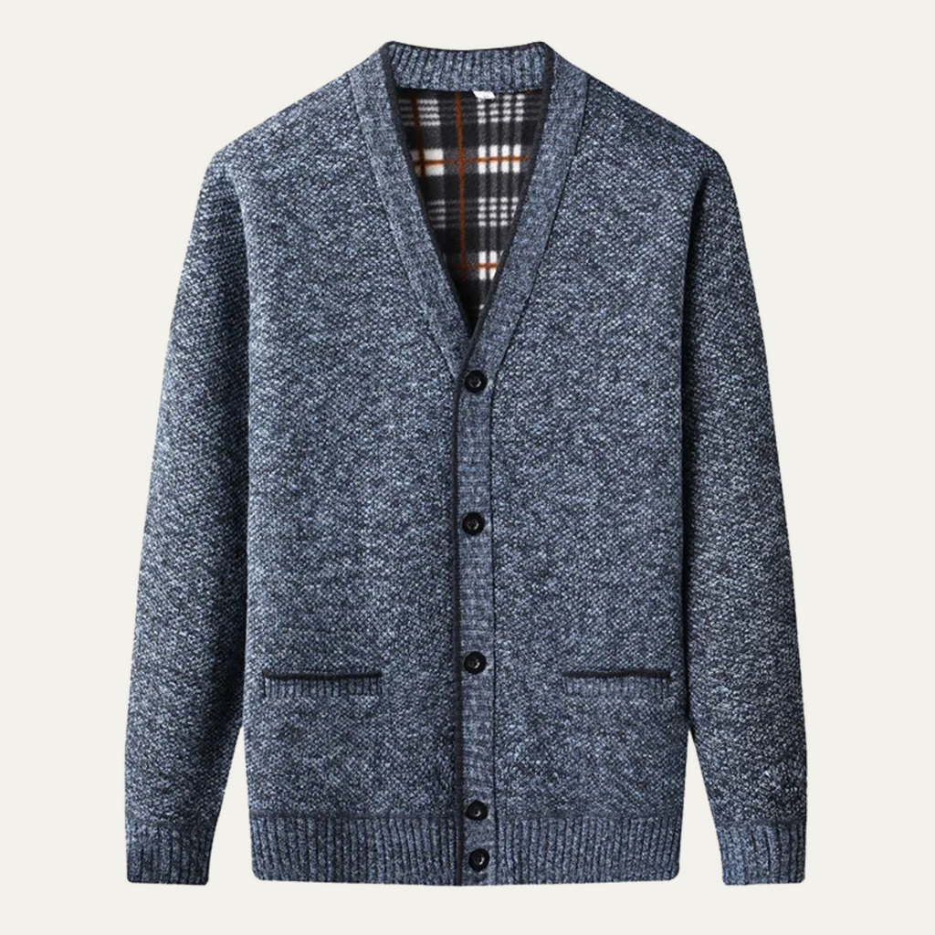 Men's blue heather knit button cardigan with V-neck and two chest pockets