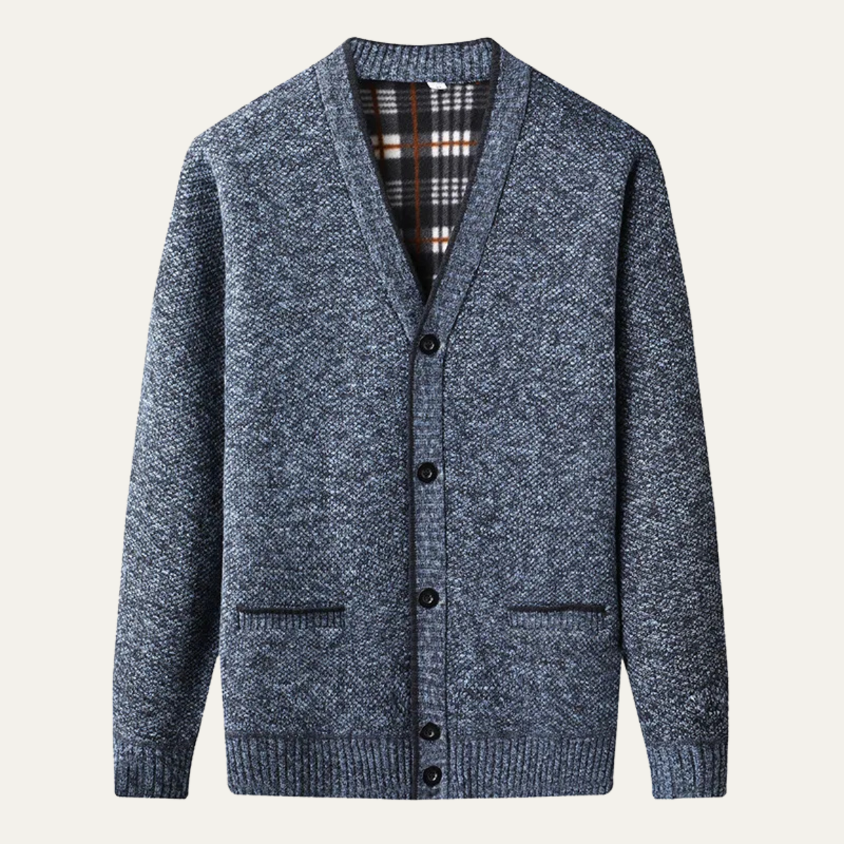 Men's blue heather knit button cardigan with V-neck and two chest pockets