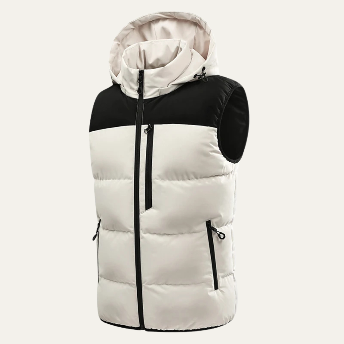 Men’s hooded white puffer vest with black shoulder panels and front zipper