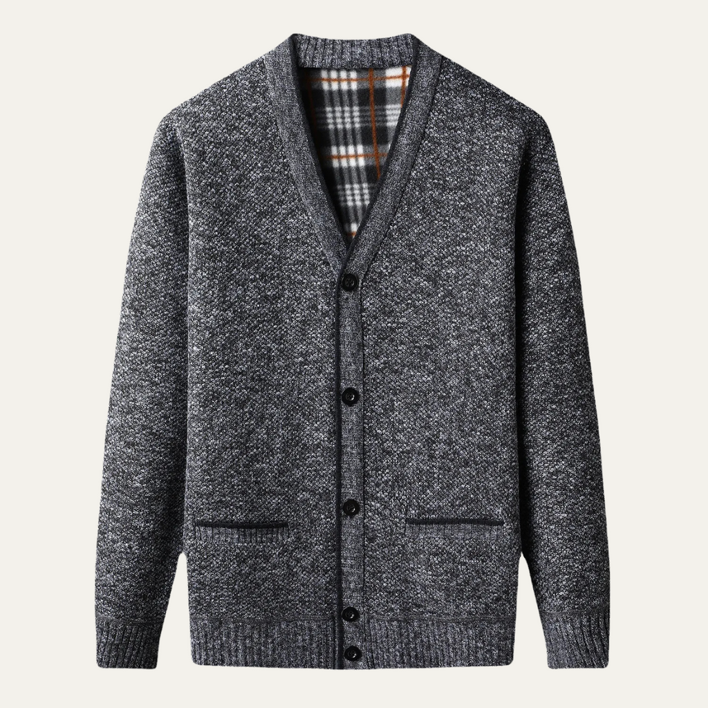 Men's dark gray heather knit button cardigan with V-neck and chest patch pockets
