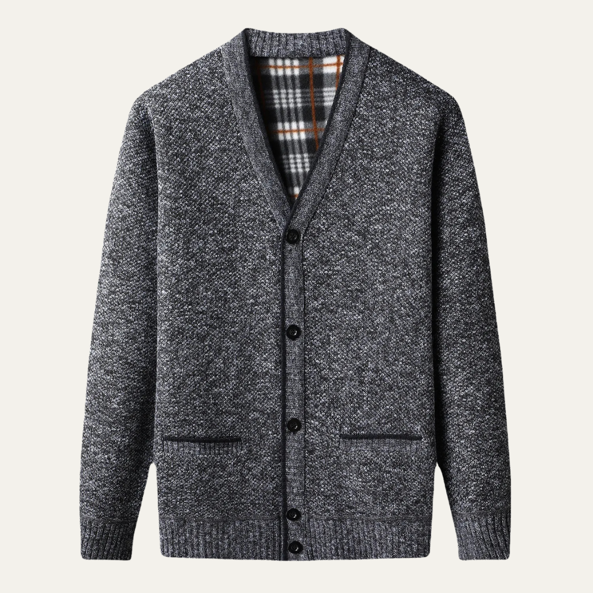 Men's dark gray heather knit button cardigan with V-neck and chest patch pockets