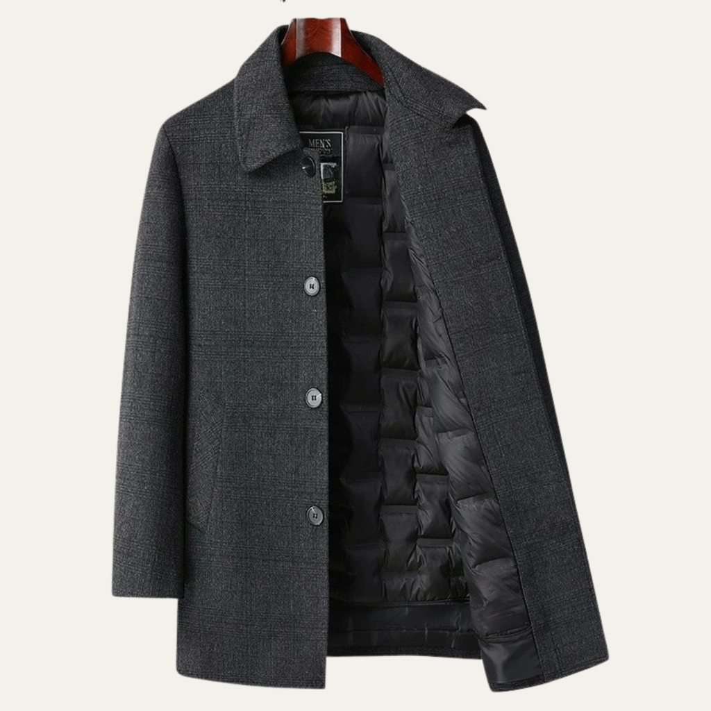 Men's wool-blend overcoat in dark gray with snap front and quilted puffer insulation