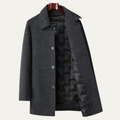 Men's wool-blend overcoat in dark gray with snap front and quilted puffer insulation