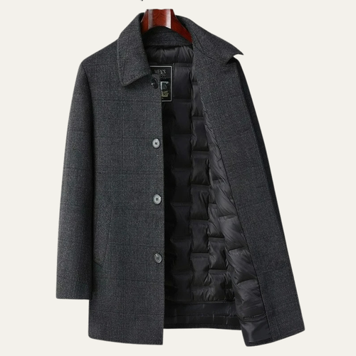 Men's wool-blend overcoat in dark gray with snap front and quilted puffer insulation