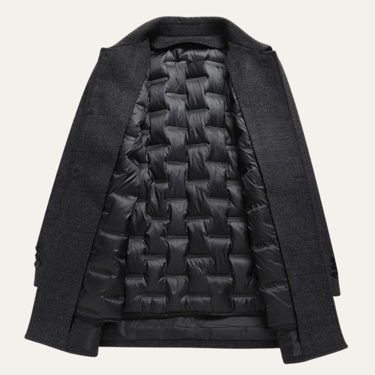 Men's wool-blend overcoat in dark gray showing quilted puffer lining and snap cuffs