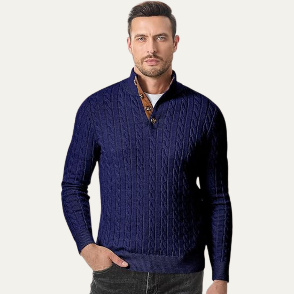 Men's navy cable-knit collar stand sweater with button placket and ribbed hem