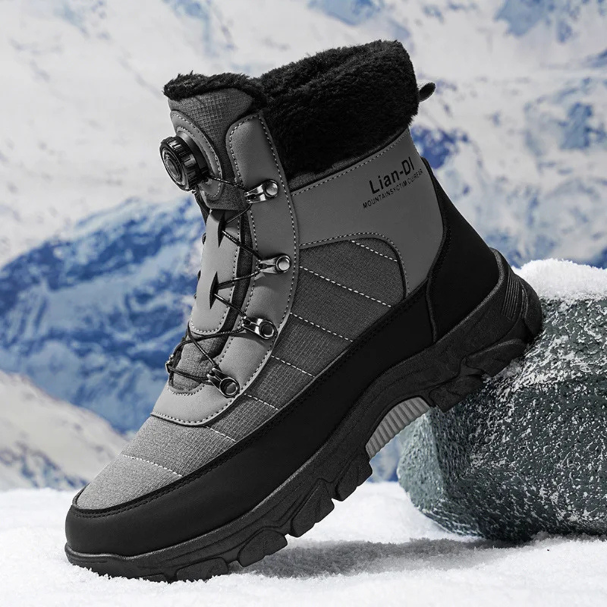 Men's dark gray/black high-top snow boots with faux fur lining, lace-up, and traction sole