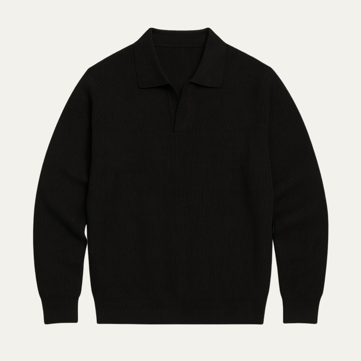 Men's knit polo sweater, long sleeves with open collar, black