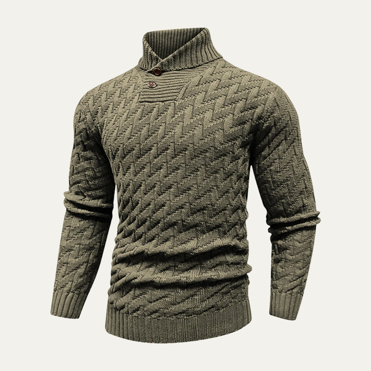 Men's textured winter wool knitted sweater, army green mock neck with button placket