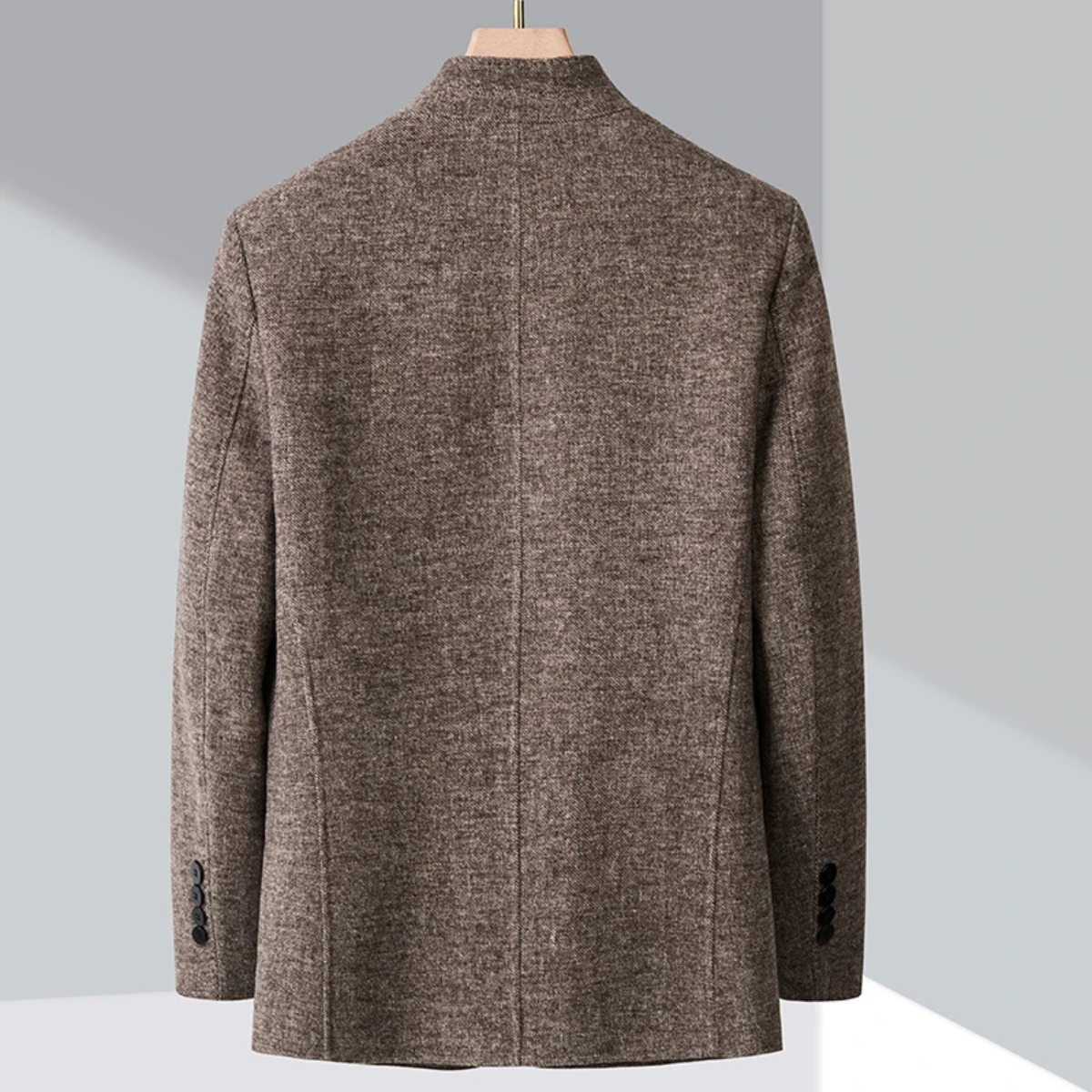 Men's warm fleece stand-collar blazer, brown heather, back view with center seam