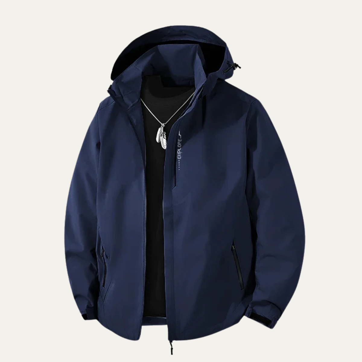 Navy hooded waterproof rain jacket with front zipper and drawstring hem