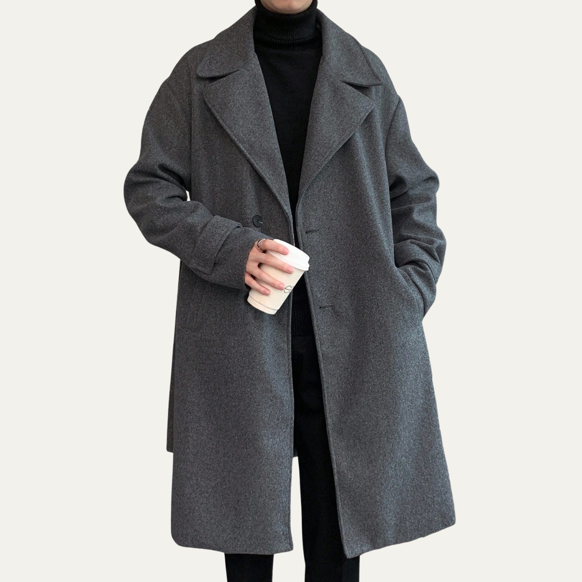 Charcoal gray long overcoat with notched lapels and front button closure