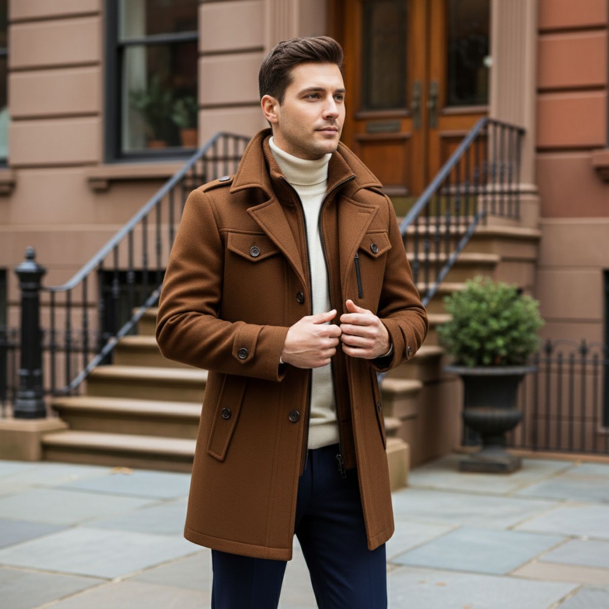 Wool-blend pea coat in brown with notch lapels and double-breasted buttons