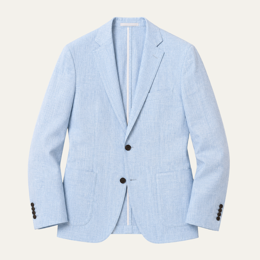 Men's light blue linen blazer with notch lapels, single-breasted two-button front
