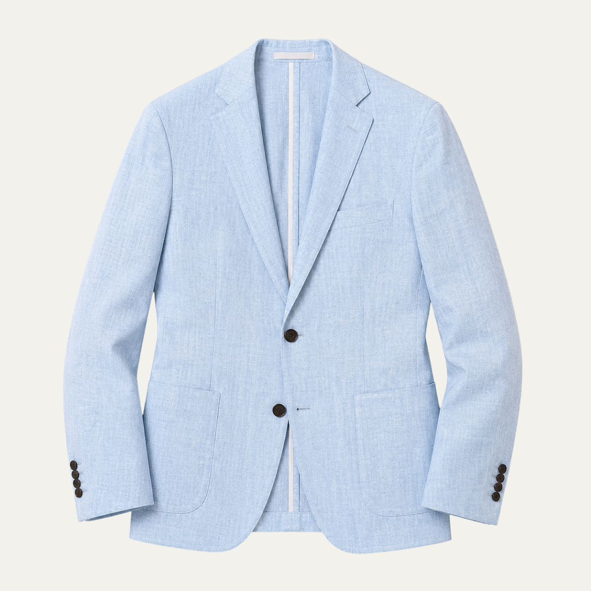 Men's light blue linen blazer with notch lapels, single-breasted two-button front