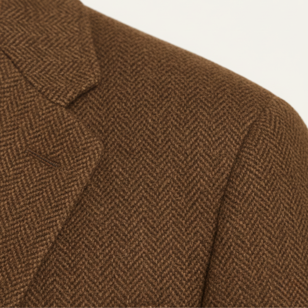 Brown tweed blazer shoulder seam close-up with herringbone-style texture