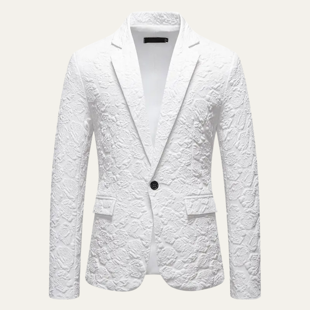 Men's white slim-fit textured blazer with notch lapels and black button