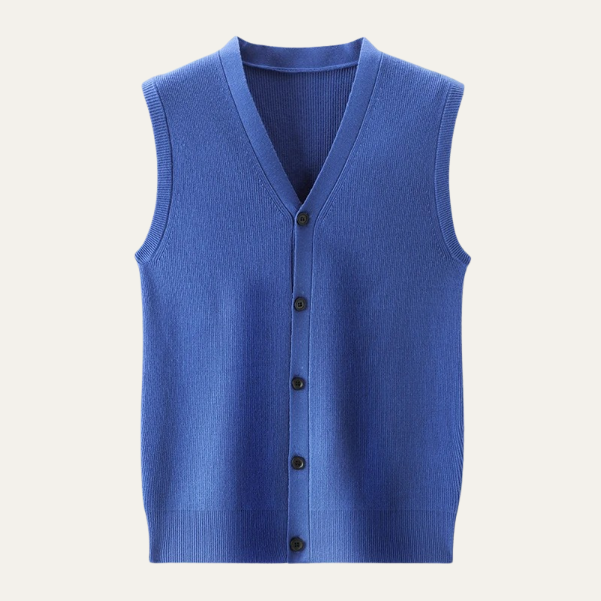 Men's blue V-neck sweater vest with button placket, sleeveless knit