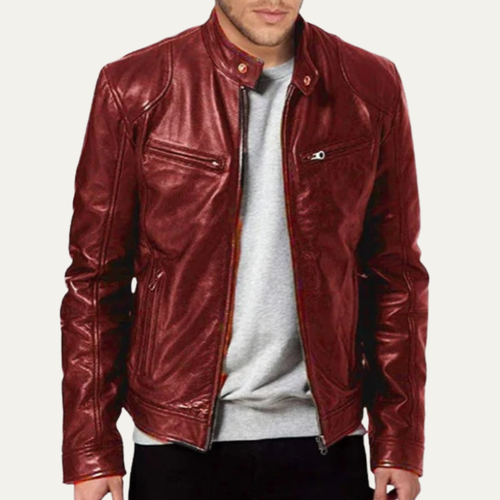 Men's burgundy leather zip-up jacket with stand collar and front zip