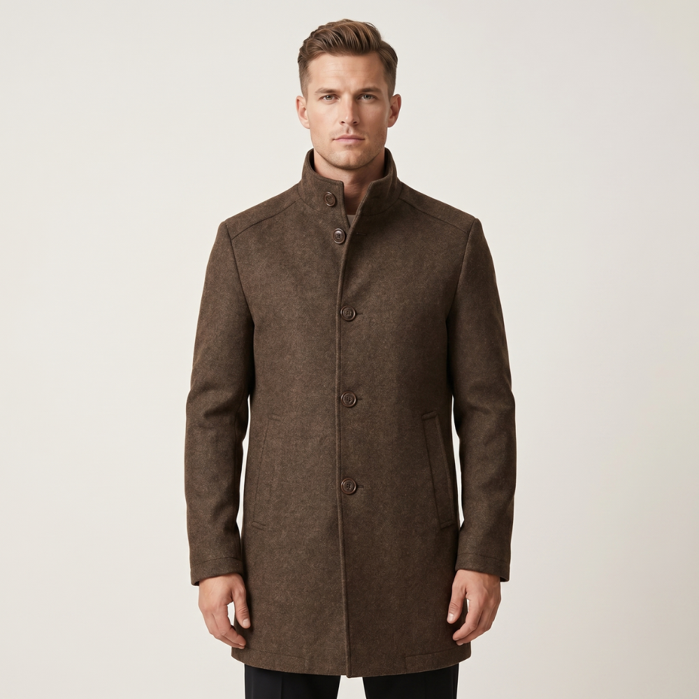 Brown wool overcoat with button front and stand collar, full front view