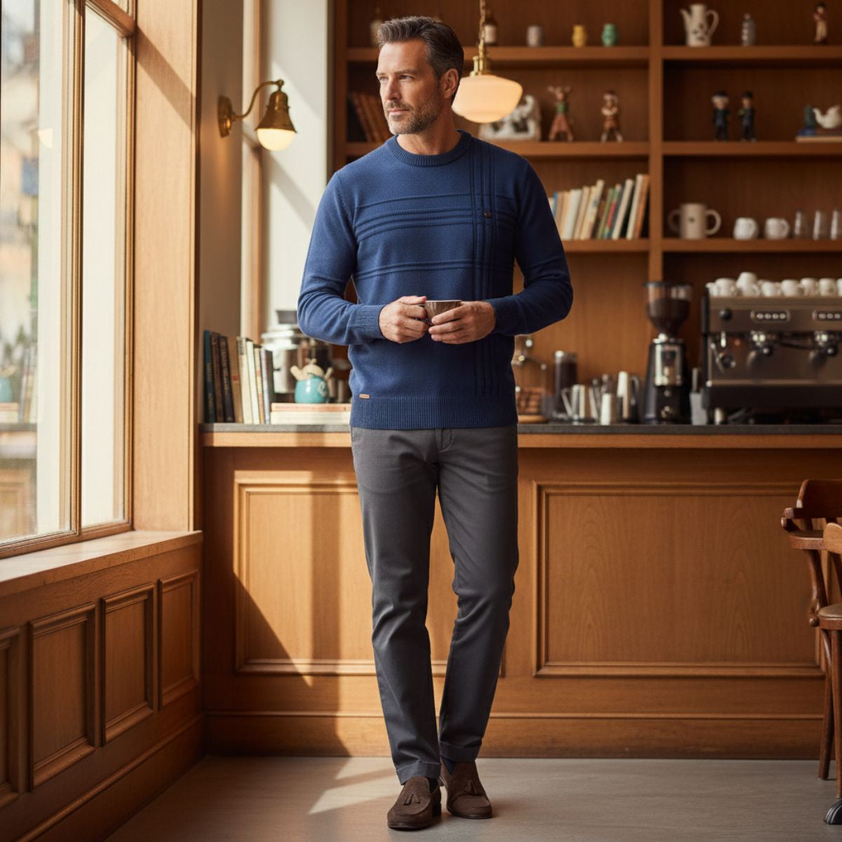 Men's blue crew neck sweater with ribbed cuffs, hem, and horizontal stripe detail