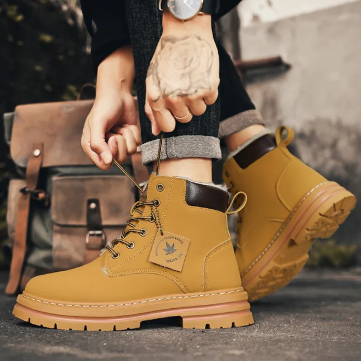 Khaki lace-up snow boots with side pull tab and fur-lined collar