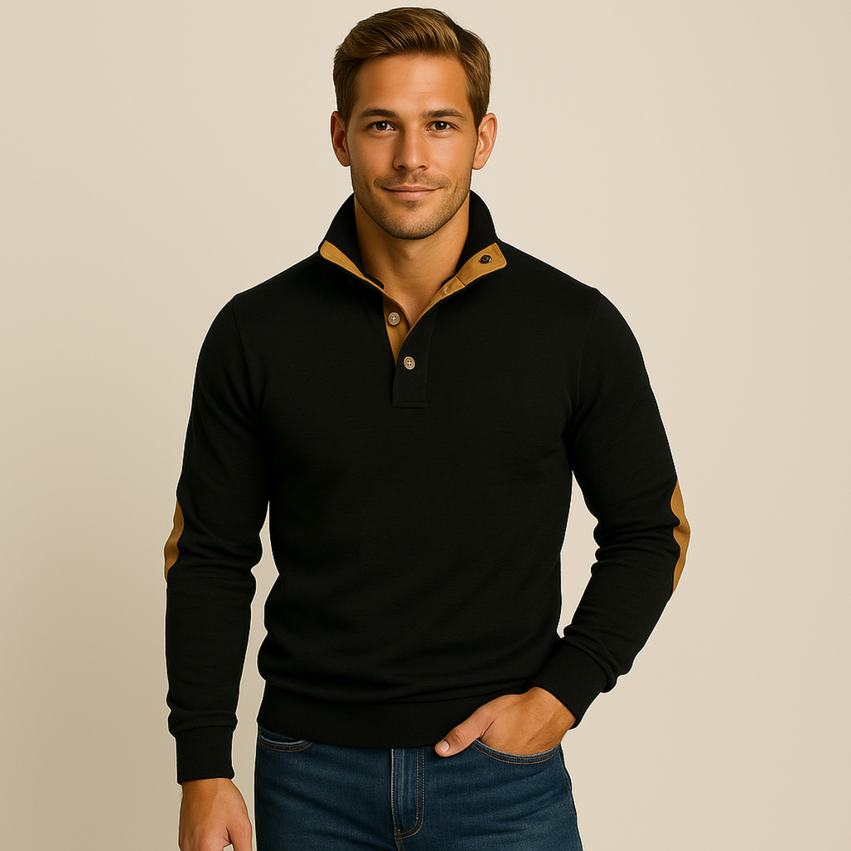 Black quarter-zip sweater with tan lining at collar and ribbed cuffs