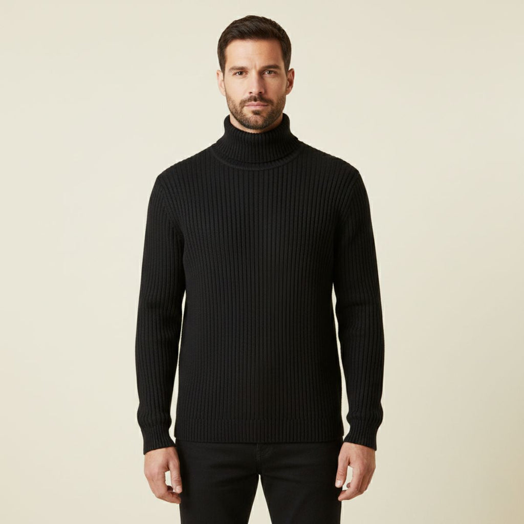 Men's black ribbed turtleneck knit sweater on model, long sleeves