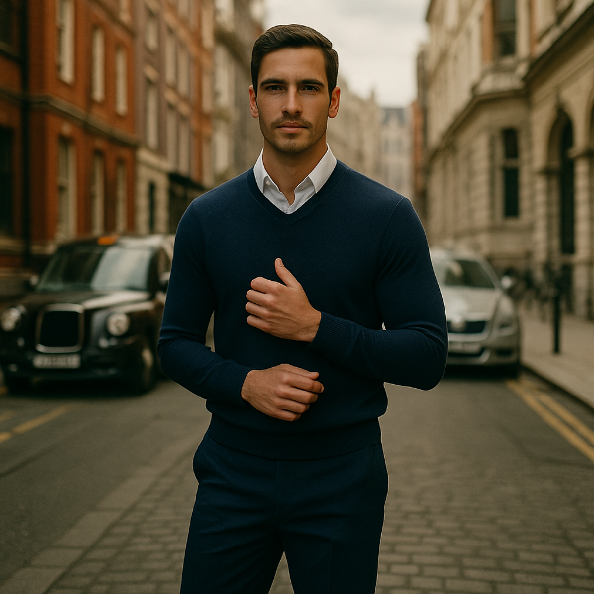 Men's navy cashmere V-neck sweater, ribbed neckline and cuffs visible.