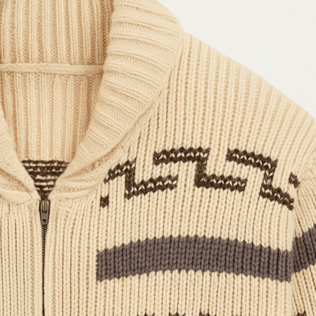 Men’s cream knit cardigan with dark Aztec pattern, shawl collar and zipper