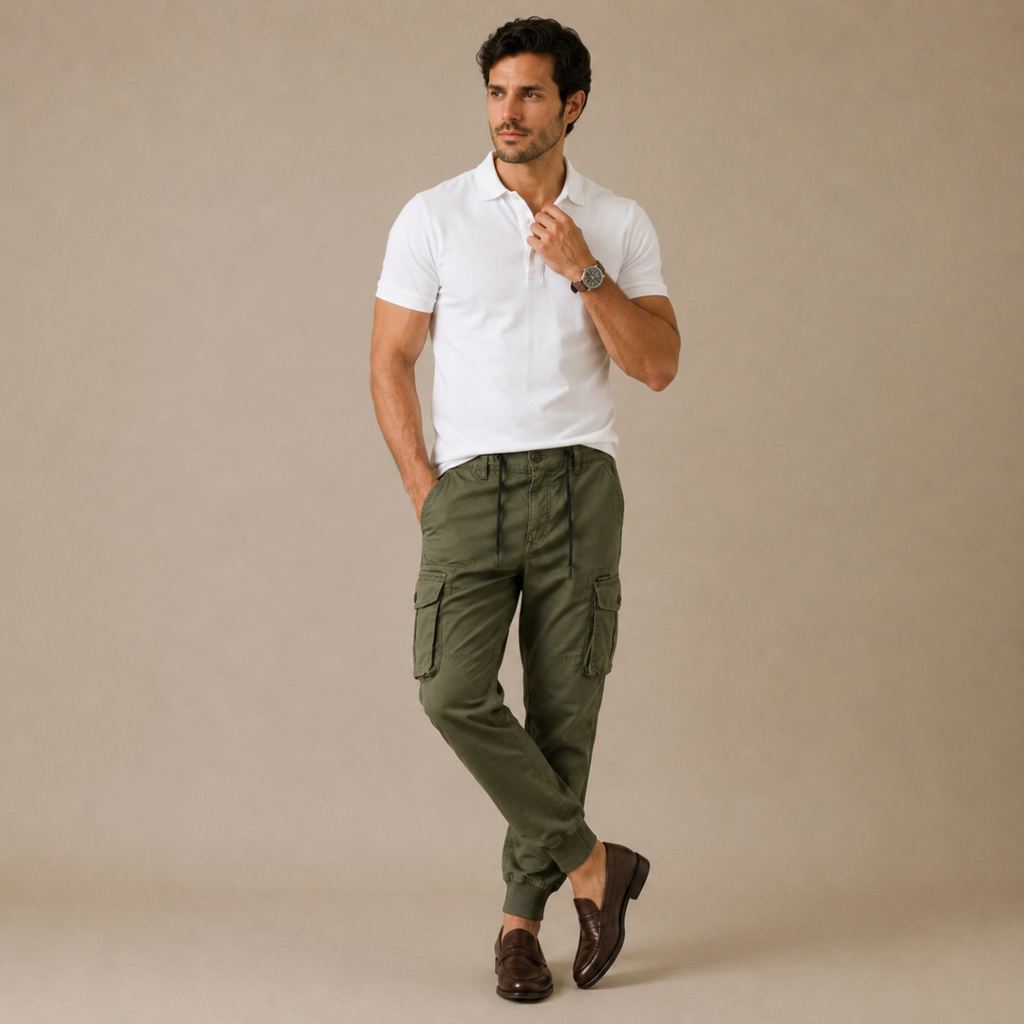 Army green slim cargo jogger pants on model, drawstring waist