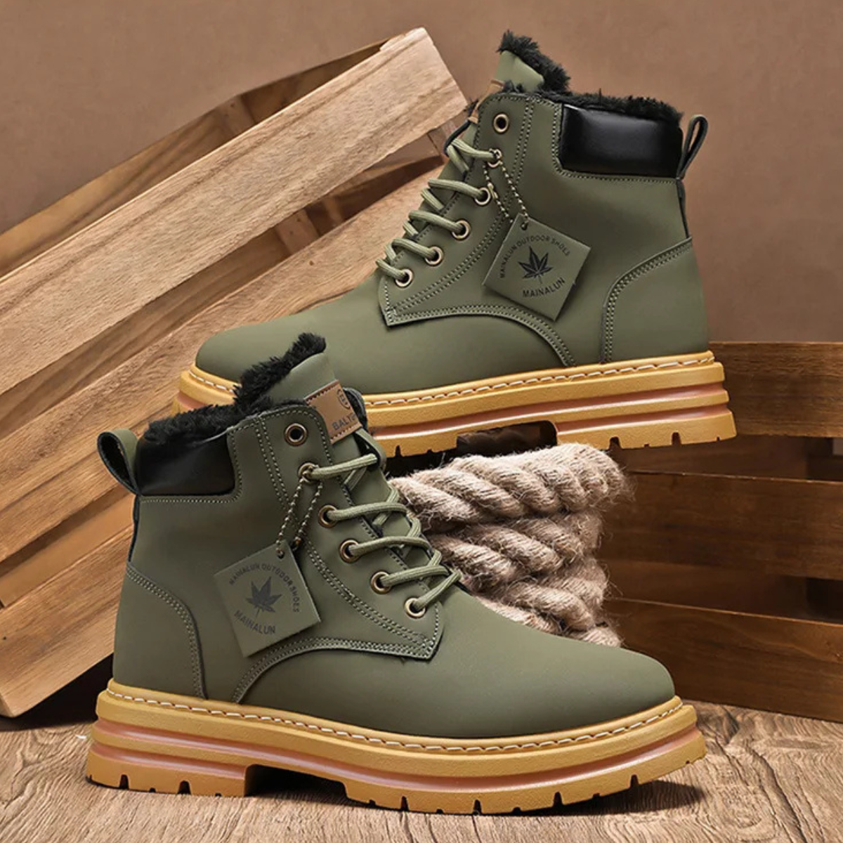 Men’s olive green snow boots with black fur cuffs, lace-up and thick rubber sole