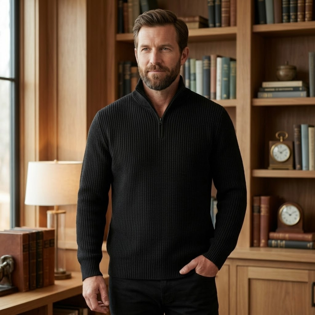Men’s black merino wool half-zip knit sweater, ribbed collar and textured knit