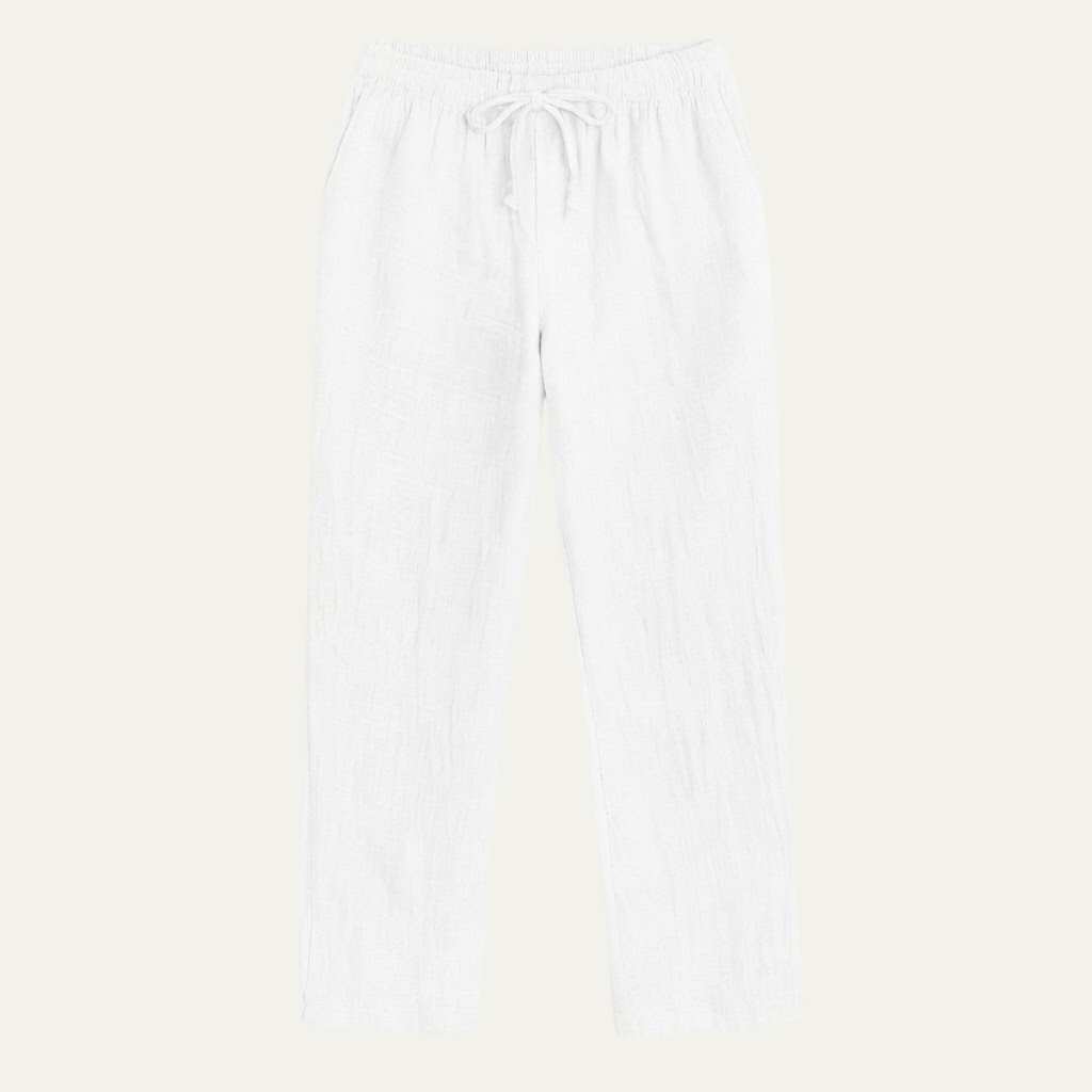 Men's white linen pants with elastic waist and drawstring, relaxed loose fit