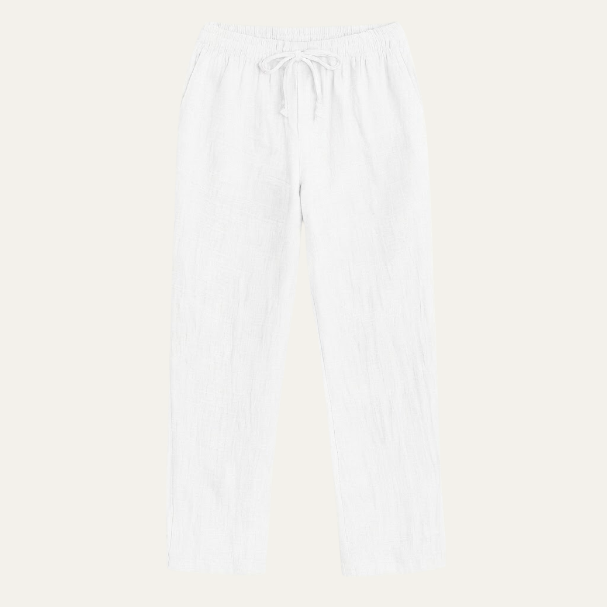 Men's white linen pants with elastic waist and drawstring, relaxed loose fit