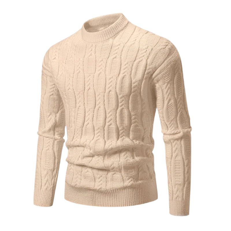 Men's premium cable knit sweater, light beige, crew neck, long sleeves, ribbed cuffs