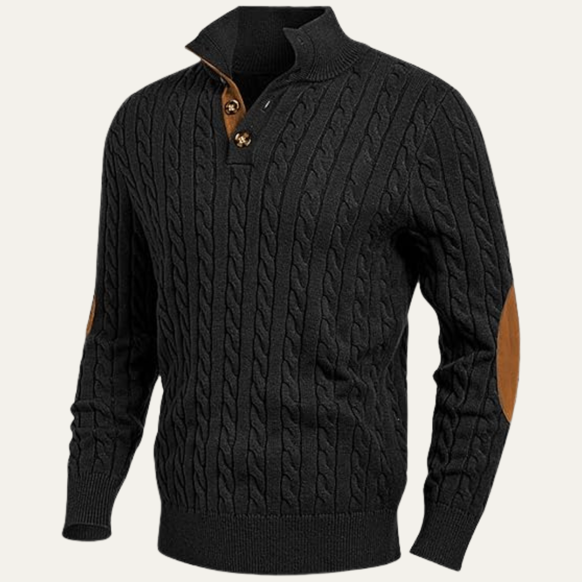 Men's black cable-knit collar-stand sweater with brown button placket