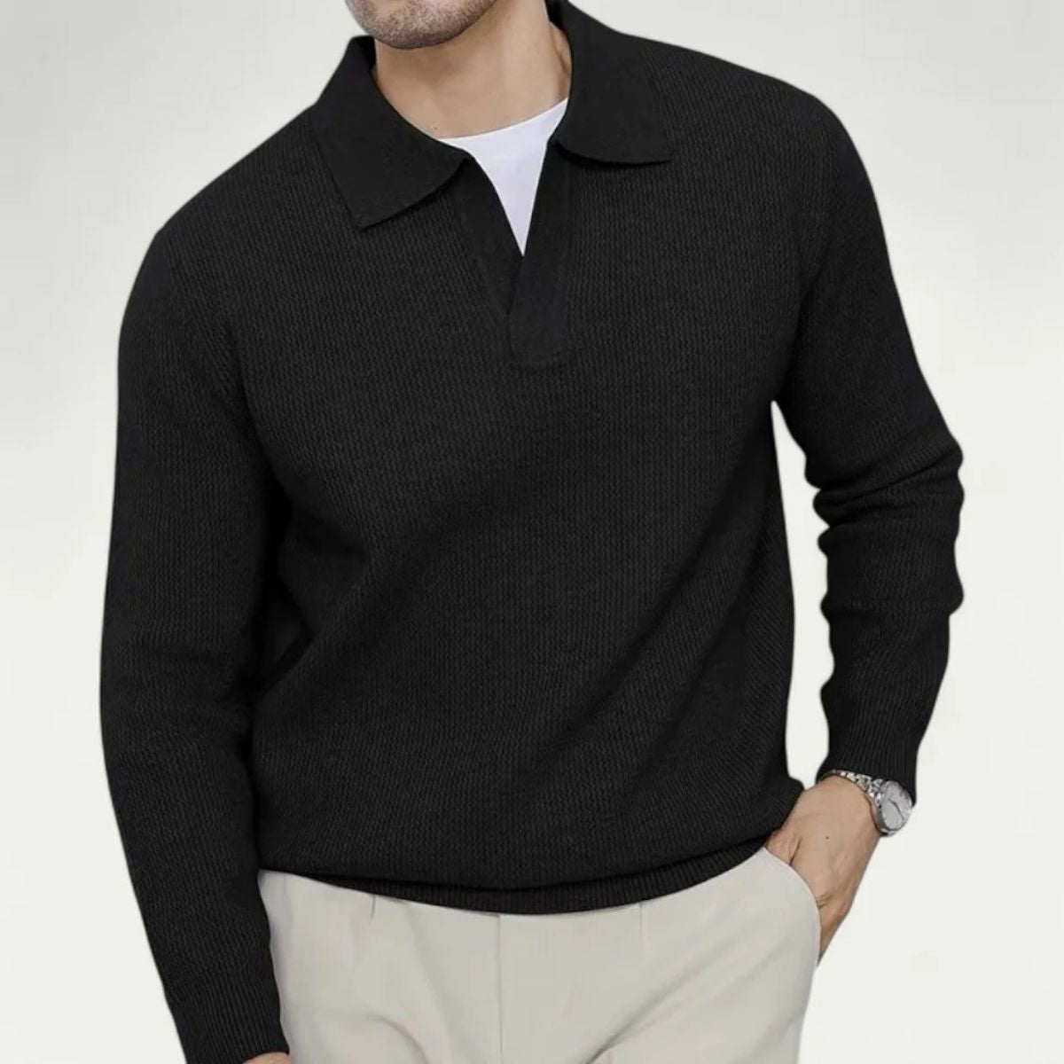Men's black knitted long-sleeve open-collar polo sweater with textured knit look
