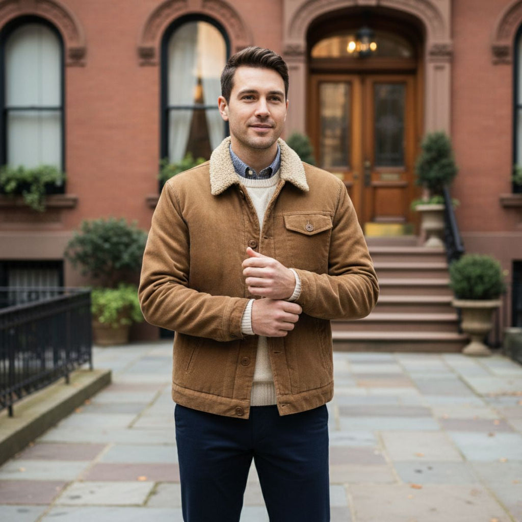 Men's tan corduroy winter jacket with sherpa-lined collar and chest pocket