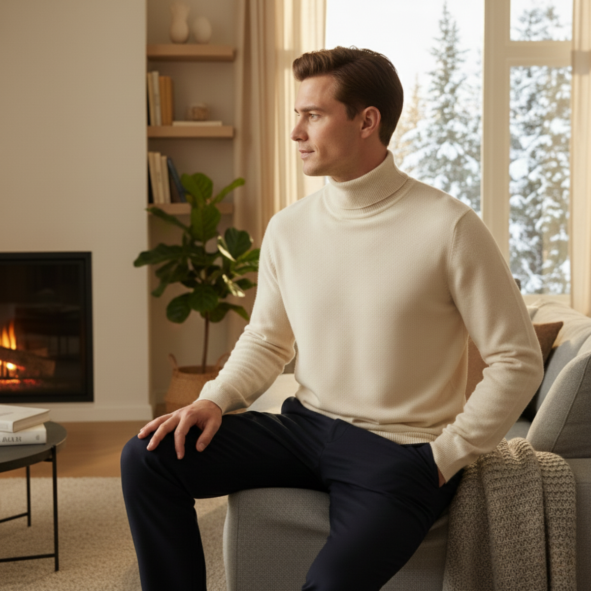 Beige men's turtleneck sweater with long sleeves and ribbed hem