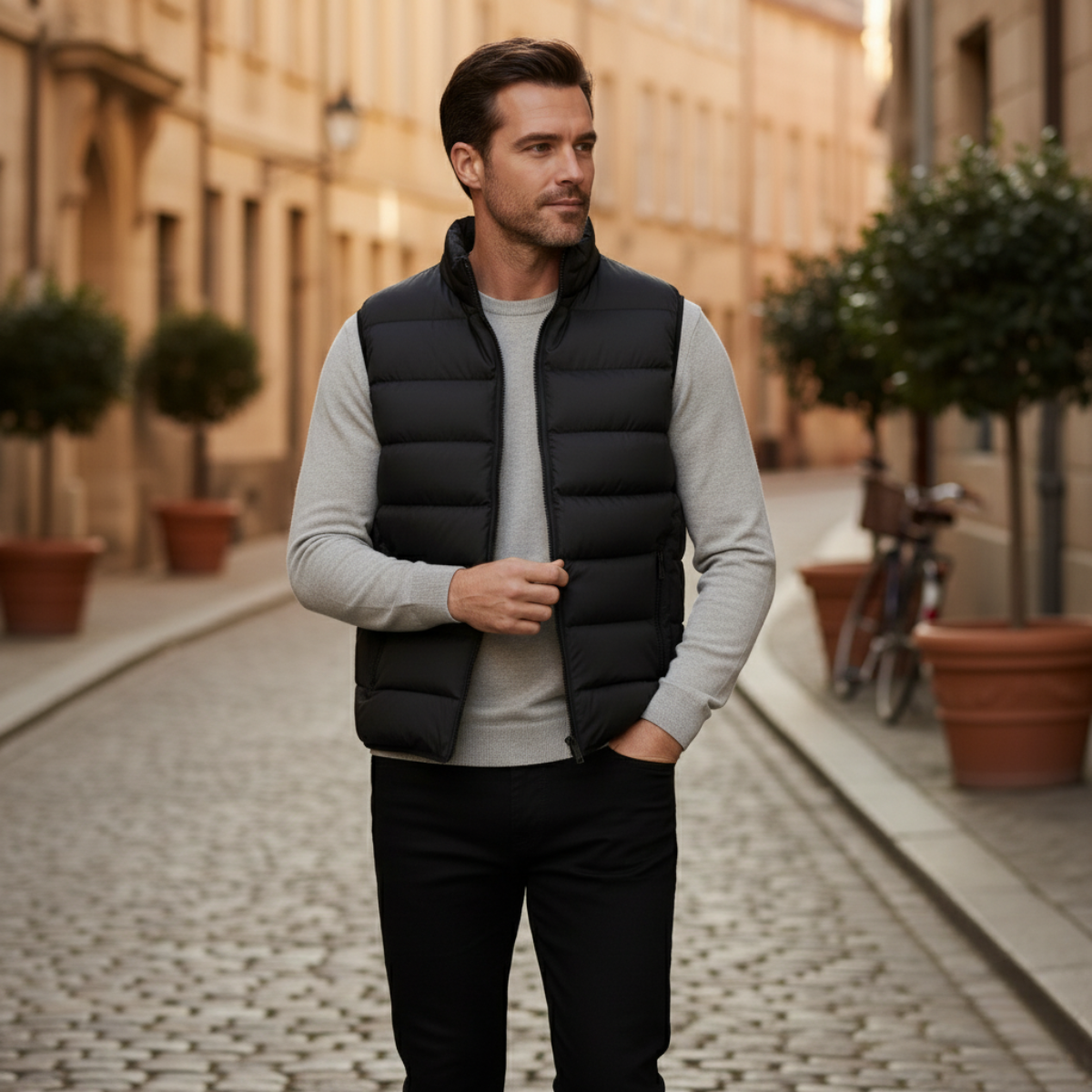 Men's black puffer quilted vest with full front zipper and stand collar
