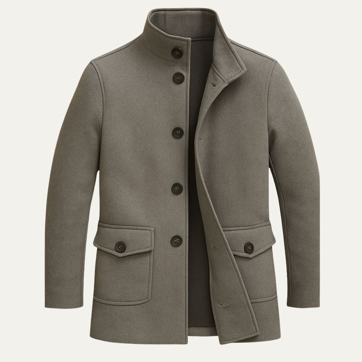 Men's wool overcoat in light gray, double-breasted with notch lapels and flap pockets