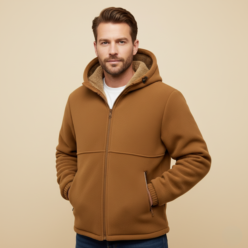 Men's fleece-lined hooded jacket, tan; model wearing, full-zip and contrast-lined hood