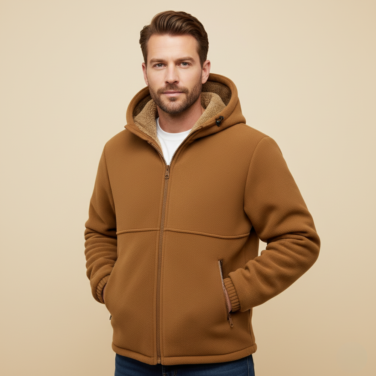 Men's fleece-lined hooded jacket, tan; model wearing, full-zip and contrast-lined hood