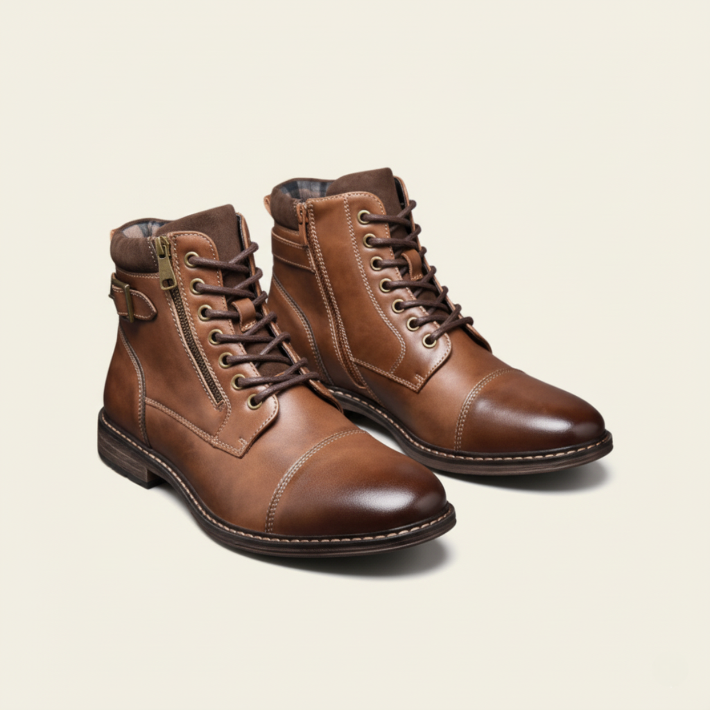 Brown lace-up ankle boots with side zipper and vintage stitch detailing.