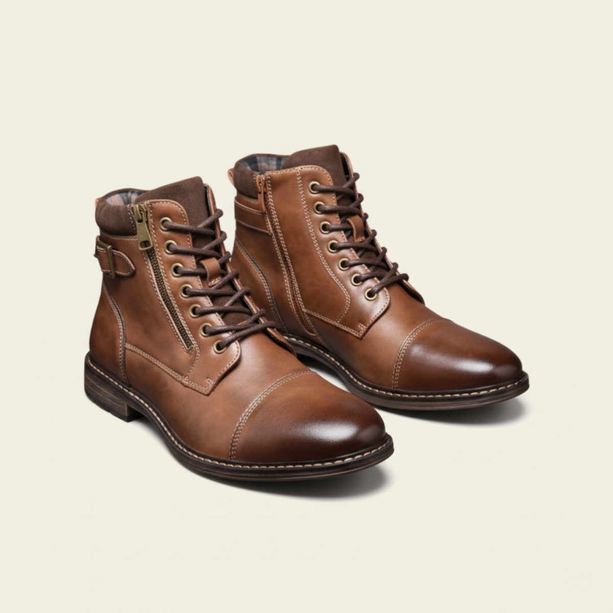 Brown lace-up ankle boots with side zipper and vintage stitch detailing.