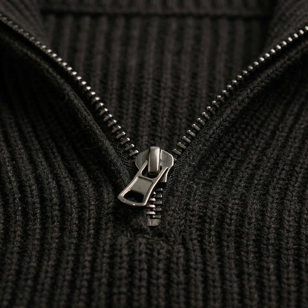 Men's merino wool half-zip sweater in dark color, silver zipper hardware detail