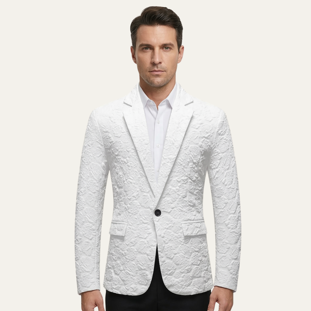 Men's white slim-fit textured blazer with flap pockets and dark button