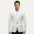 Men's white slim-fit textured blazer with flap pockets and dark button